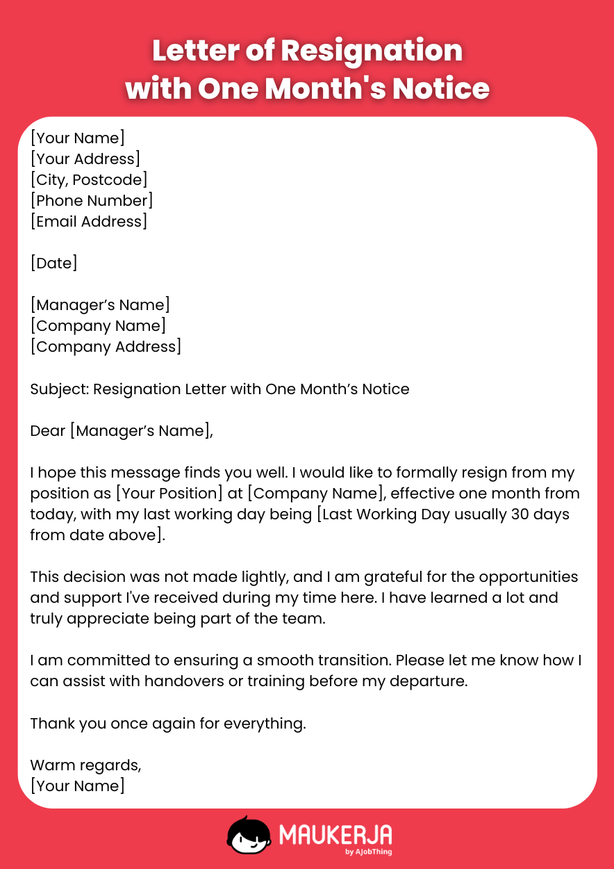 Resignation Letter  Template with One Month Notice